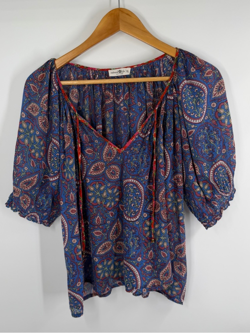 NATURAL LIFE Blue Paisley Floral Boho Chic Top Blouse